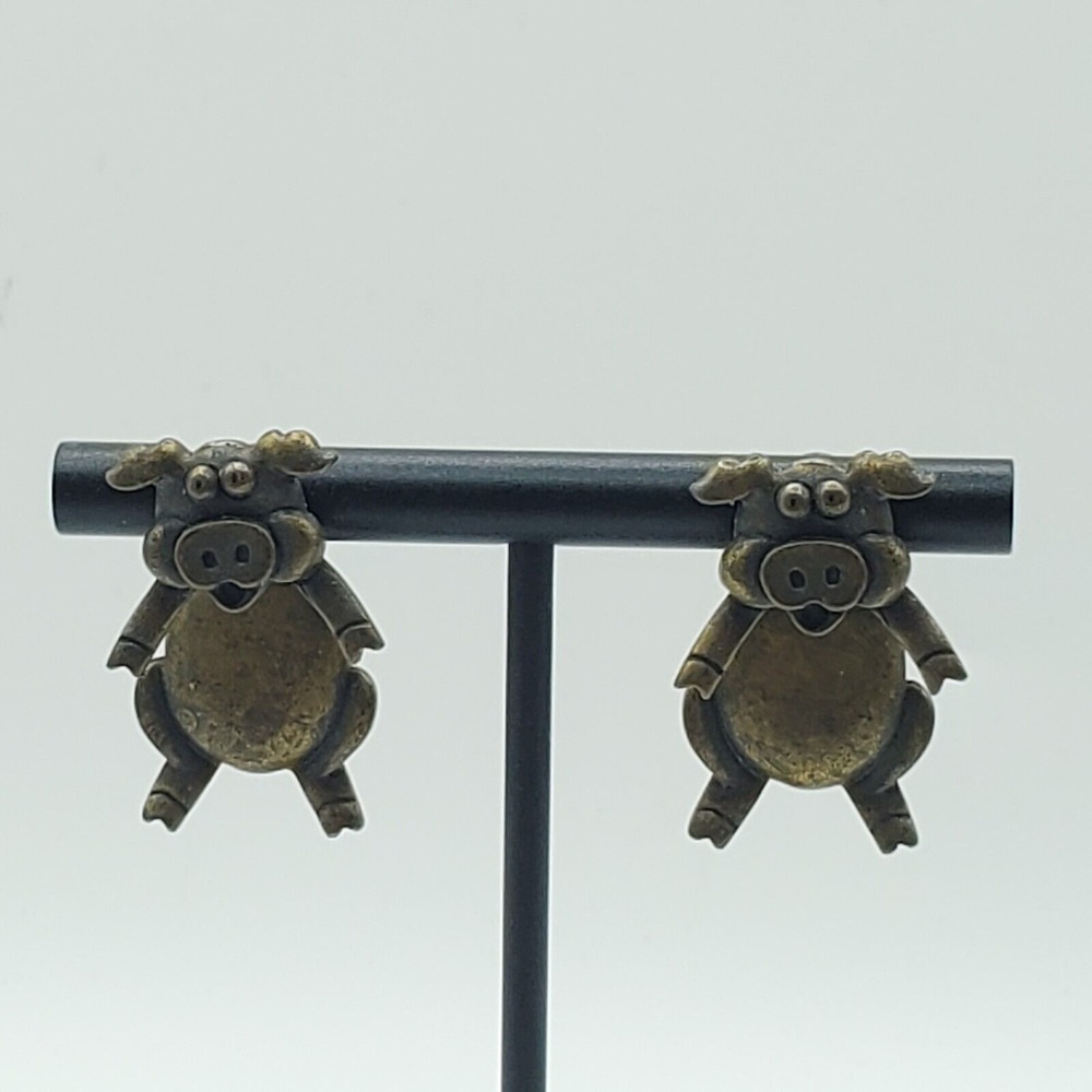 JJ Womens Pig‎ Dangle Earrings Bronze Tone Signed Novelty Jewelry Whimsical